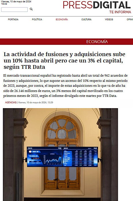 La actividad de fusiones y adquisiciones sube un 10% hasta abril pero cae un 3% el capital, segn TTR Data